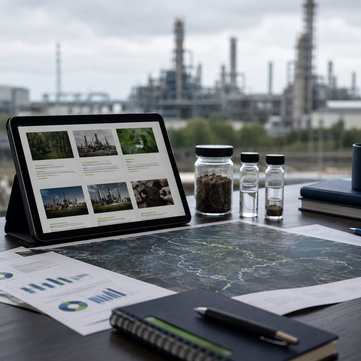 Mesa com mapas, amostras e tablet com conteudos tecnicos ambientais