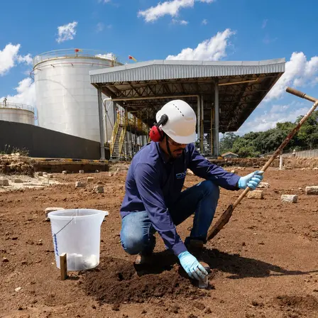 Técnico da OXI Ambiental realizando coleta de solo em área industrial